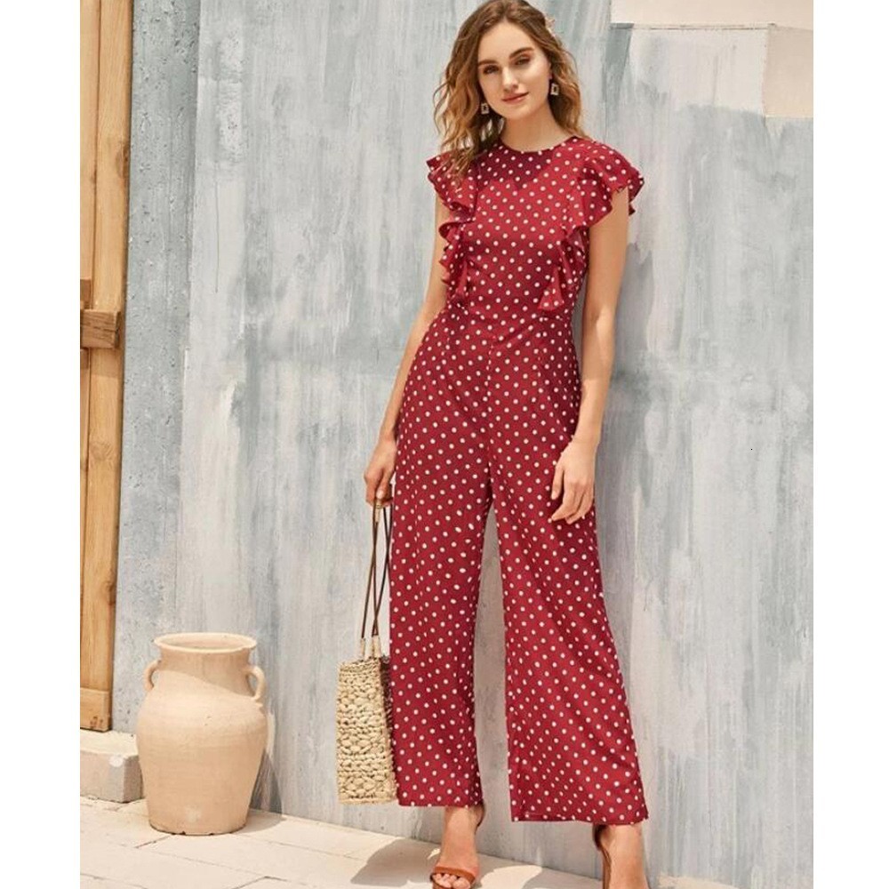 Women's Jumpsuits Rompers Elegant Short Sleeve Crew Neck Jumpsuit for Women Bohemian Wave Point Loose Long Wide Leg Pants Travel Party Summer 230