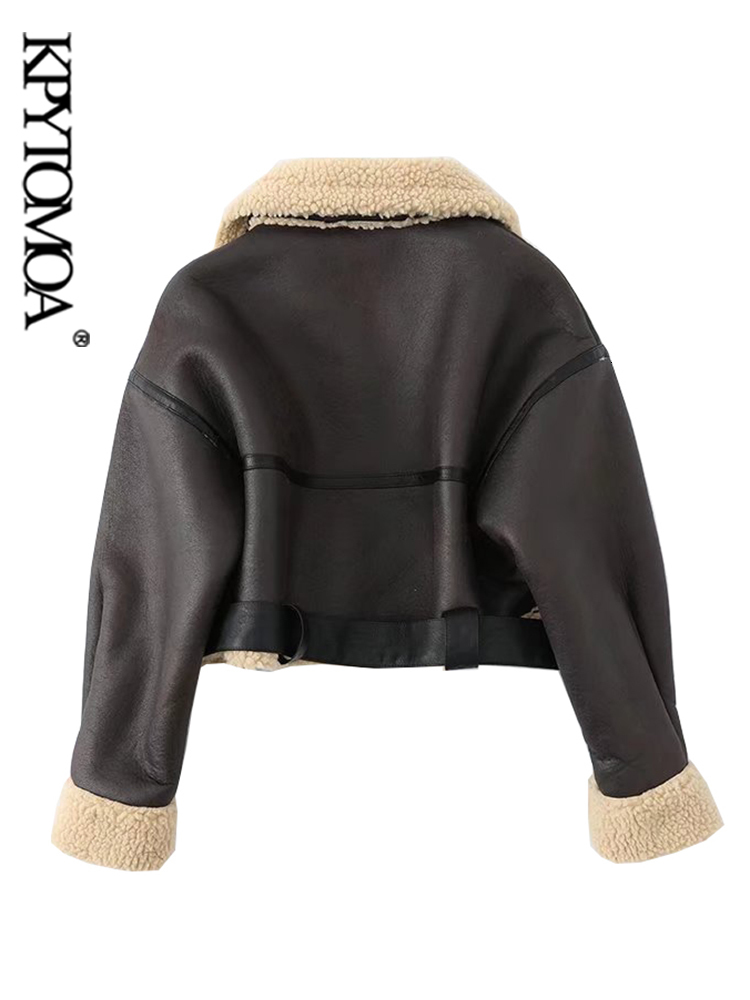 Women's Jackets KPYTOMOA Women Fashion Thick Warm Faux Shearling Jacket Coat Vintage Long Sleeve Belt Hem Female Outerwear Chic Tops 230325