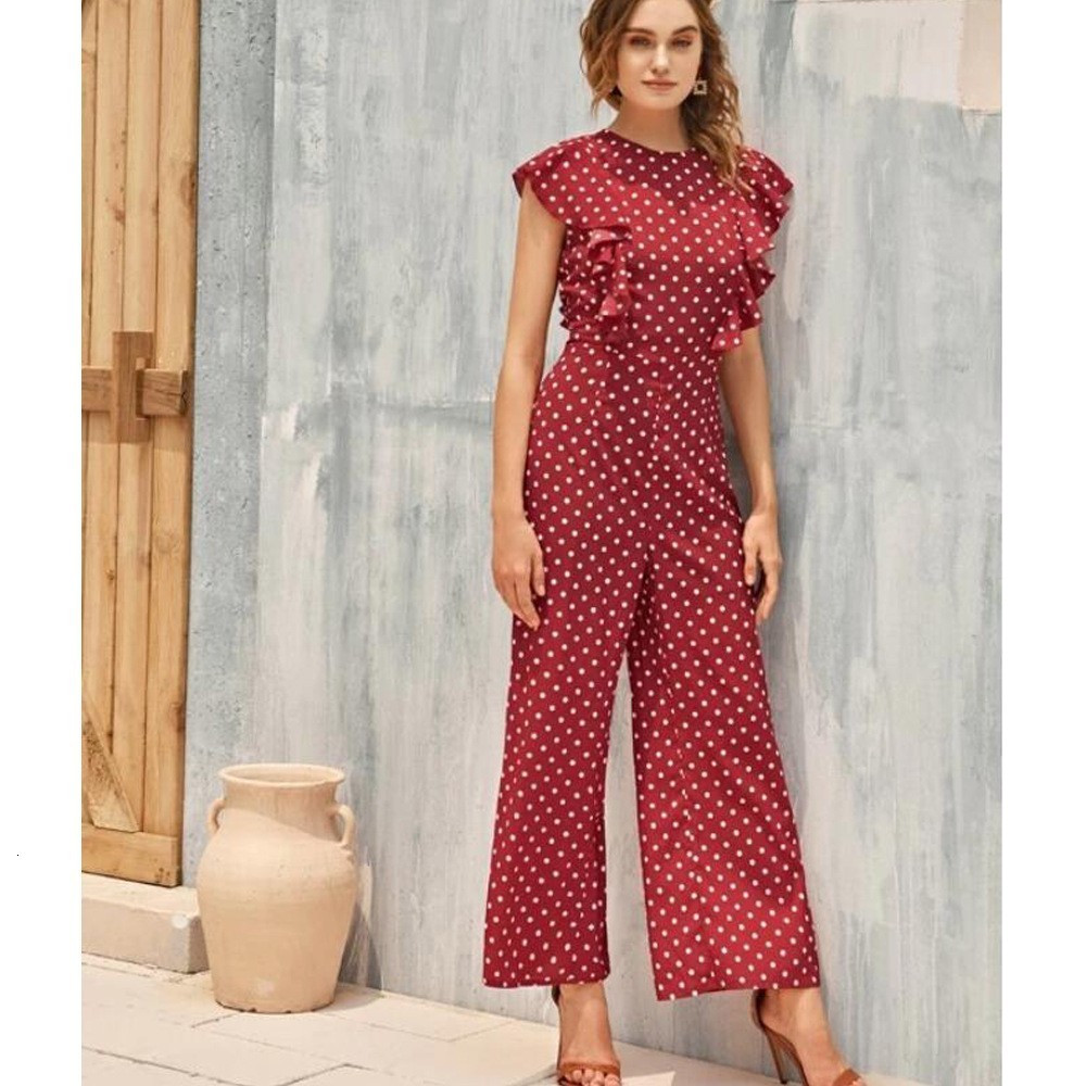 Women's Jumpsuits Rompers Elegant Short Sleeve Crew Neck Jumpsuit for Women Bohemian Wave Point Loose Long Wide Leg Pants Travel Party Summer 230