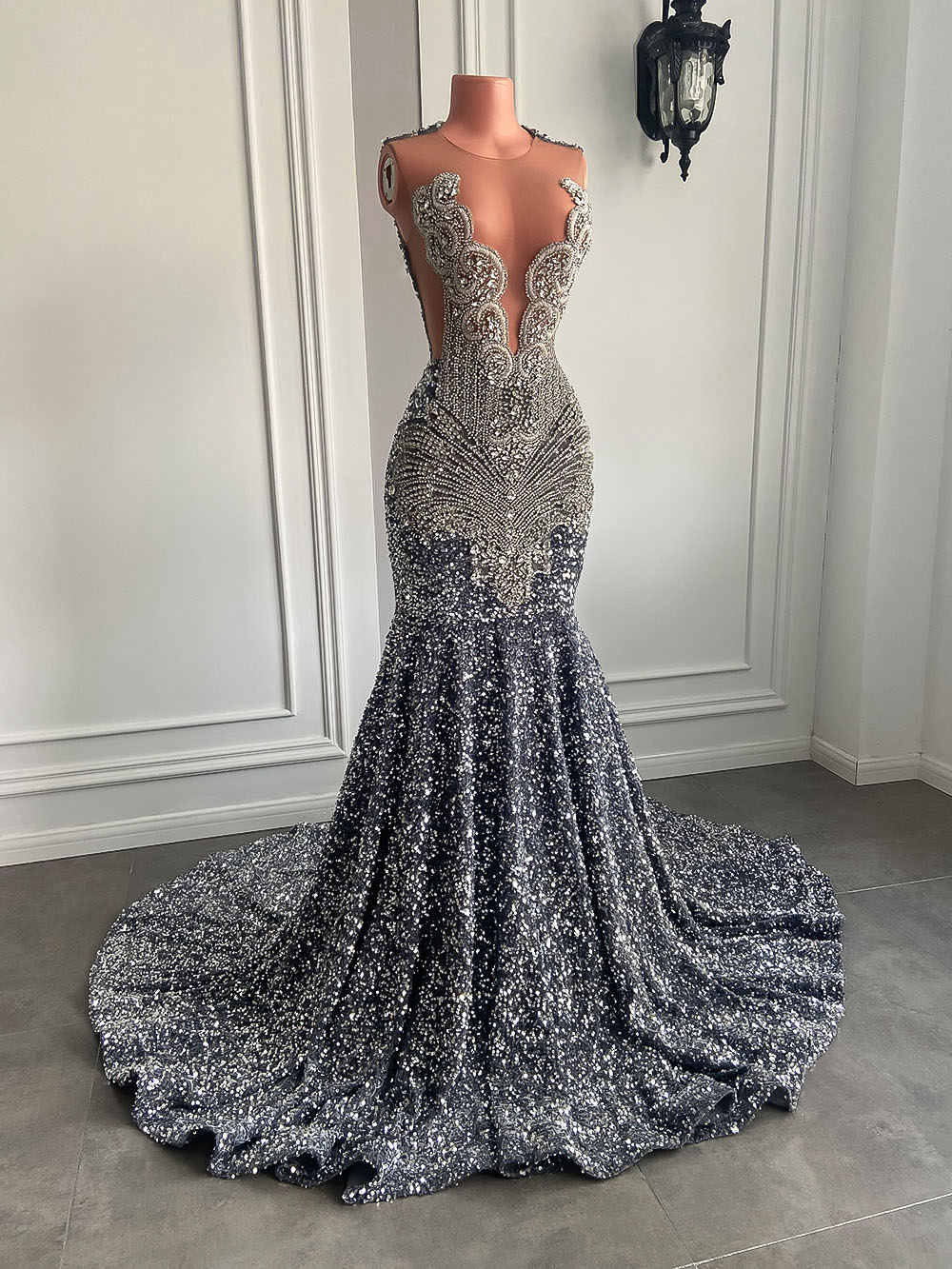 Party Dresses Sexy Long Sparkly Prom Dresses Sheer Oneck Silver Crystals Diamond Sequin Mermaid Black Girl Prom Party Gowns 230325
