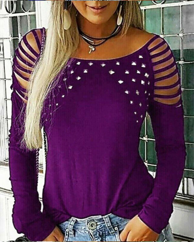 Women's Blouses Shirts Women Rivet Sequins Cold Shoulder Shirts Fashion Ladies Long Sleeve Hollow Out Blouse Female Solid Pullovers Top Plus Size