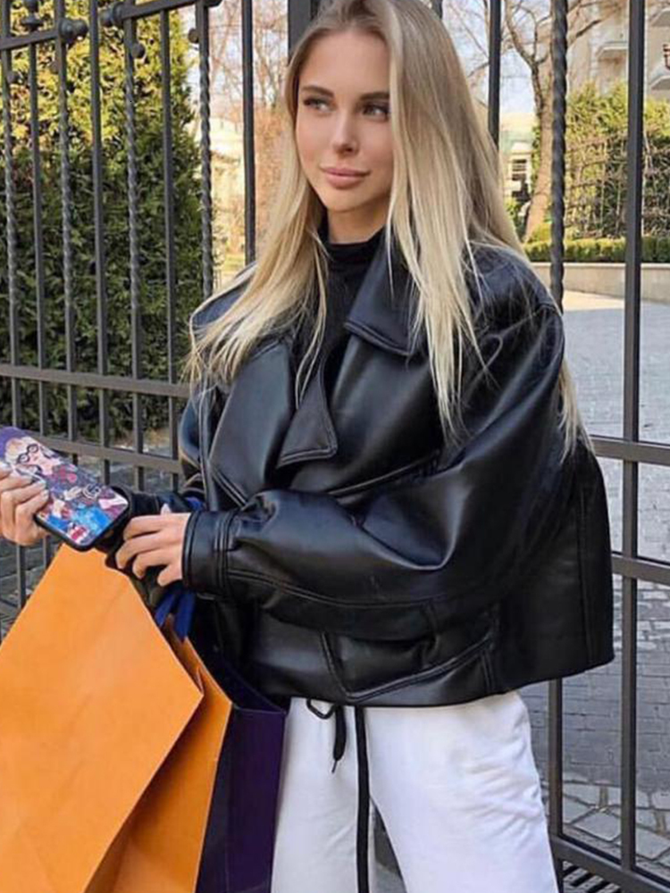 Women's Jackets FTLZZ Spring Women Faux Leather Jacket Biker Red White Coat Turndown Collar PU Motorcycle Loose Streetwear Outerwear 230325