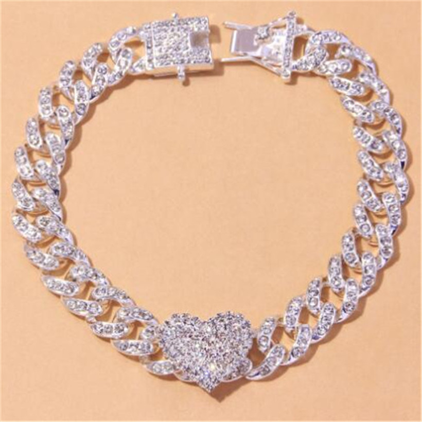 New Fashion Anklets Hip Hop Crystal Heart-Shaped Anklet For Women Bracelet Men Miami Cuban Link Chunky Wholesale Foot Chain Iced Out