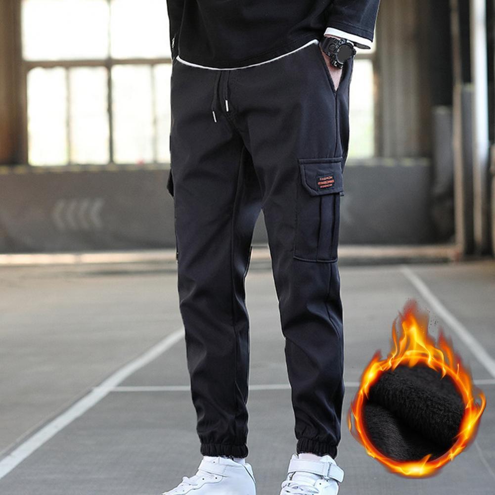 Men's Pants Men Pants Solid Color Multi Pockets Drawstring Plush Lining Cold Proof Autumn Winter Thicken Ankle Tied Cargo Pants for Working 23032