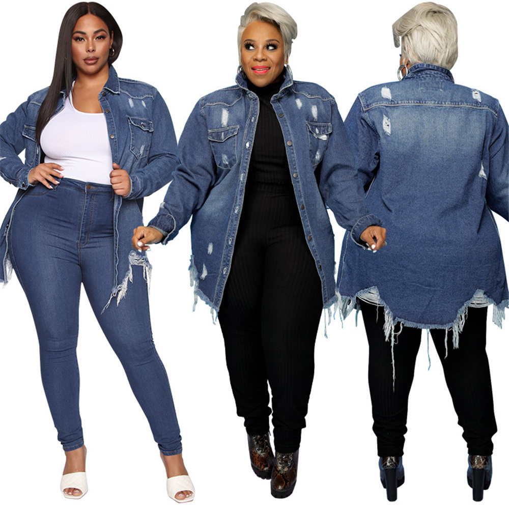Women's Plus Size Outerwear Coats Street Wear Fashion Plus Size Women's Jacket 4xl 5xl Cardigan Tassel Pocket Ripped Sexy Denim Trench Coat 