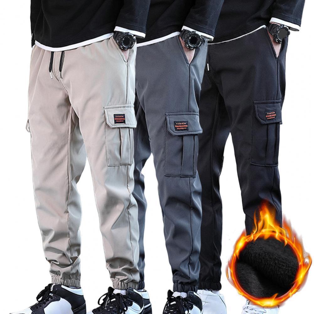 Men's Pants Men Pants Solid Color Multi Pockets Drawstring Plush Lining Cold Proof Autumn Winter Thicken Ankle Tied Cargo Pants for Working 23032