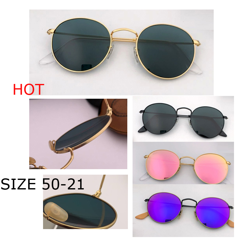 top quality Women round designer circle metal sunglass uv400 glass Lens mirror flash Sun glasses wtih box case accessories 50mm for men female sunglasses gafas 53mm