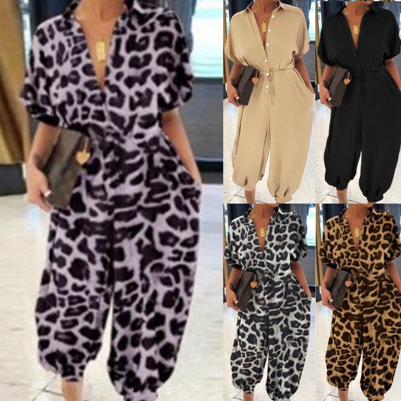 Women's Jumpsuits Rompers Women Short Sleeve Harem Pants Jumpsuit Sexy Button Front Leopard Loose Rompers 230325