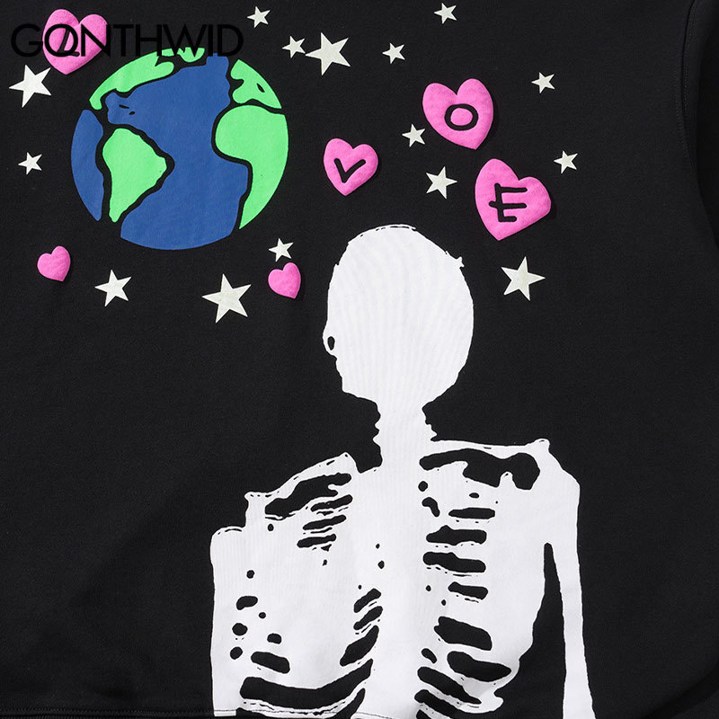 Men's Hoodies Sweatshirts GONTHWID Hip Hop Hoodie Sweatshirt Streetwear Earth Skeleton Print Punk Gothic Hooded Winter Harajuku Cotton Pullover B