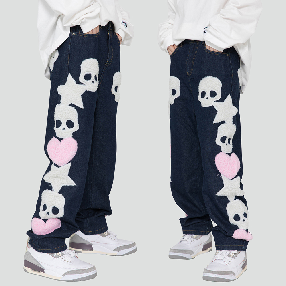 Women's Jeans Furry Skull Letter Star Patches Denim Pants Winter Spring High Street Punk Goth Gothic Jeans Women Trousers Couple Streetwear 23032
