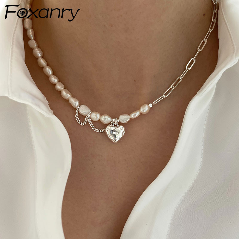 Strands Strings FOXANRY Stamp Necklace for Women Trendy Elegant Asymmetry Chain Pearls Smooth LOVE Heart Bride Jewelry Lover Gifts 230325