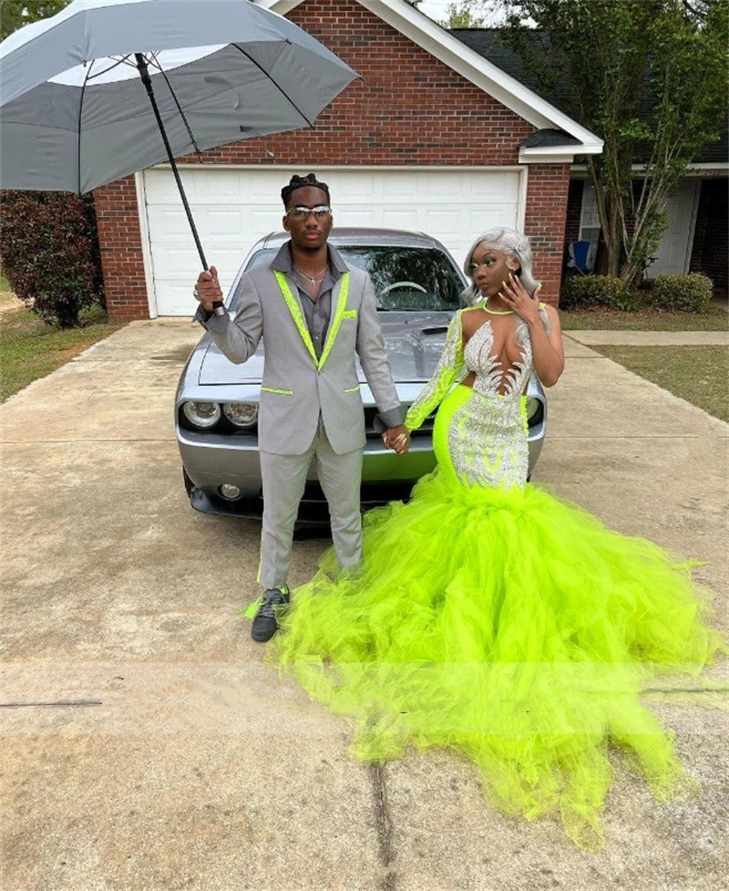 Lace Green 2023 Lemon Mermaid Prom Dresses Sexy One Shoulder Sweep Train Plus Size Formal Party Gown for Black Girls Robe De Bal