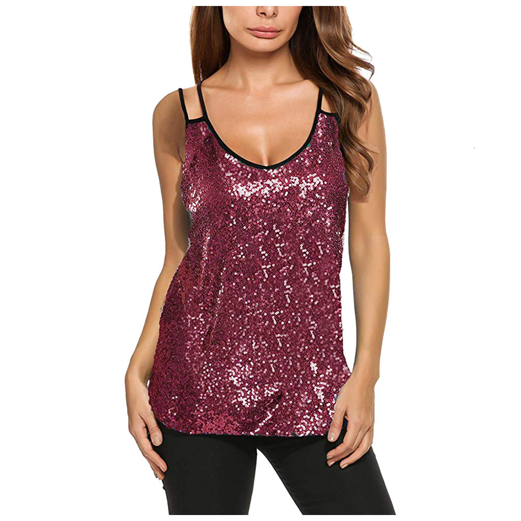 Camisoles Tanks Sexy Sequin Vest Top Women V Neck Sleeveless Solid Spaghetti Straps Tank Tops Shiny Clubwear Girls Tshirts Summer Vest Female 230327