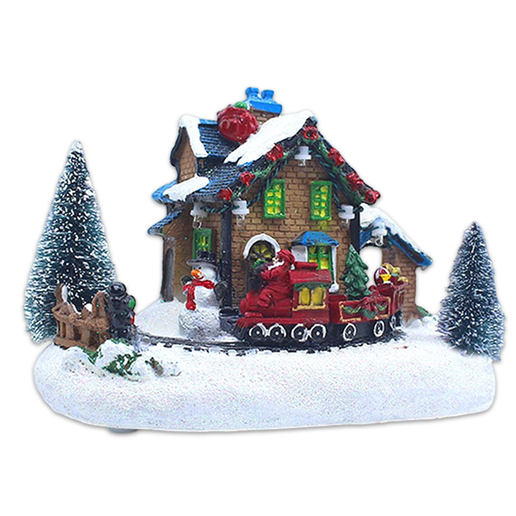 Christmas Village Figurines LED Lights Small Train House Luminous Landscape Resin Desktop Ornament 230327