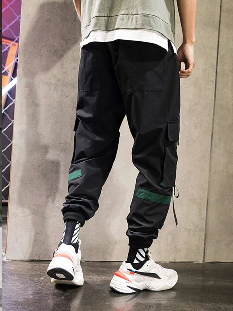 Men's Pants Spring Summer Multi-Pockets Ribbon Cargo Pants Men Hip Hop Streetwear Black Joggers Male Breathable Casual Pants 230327