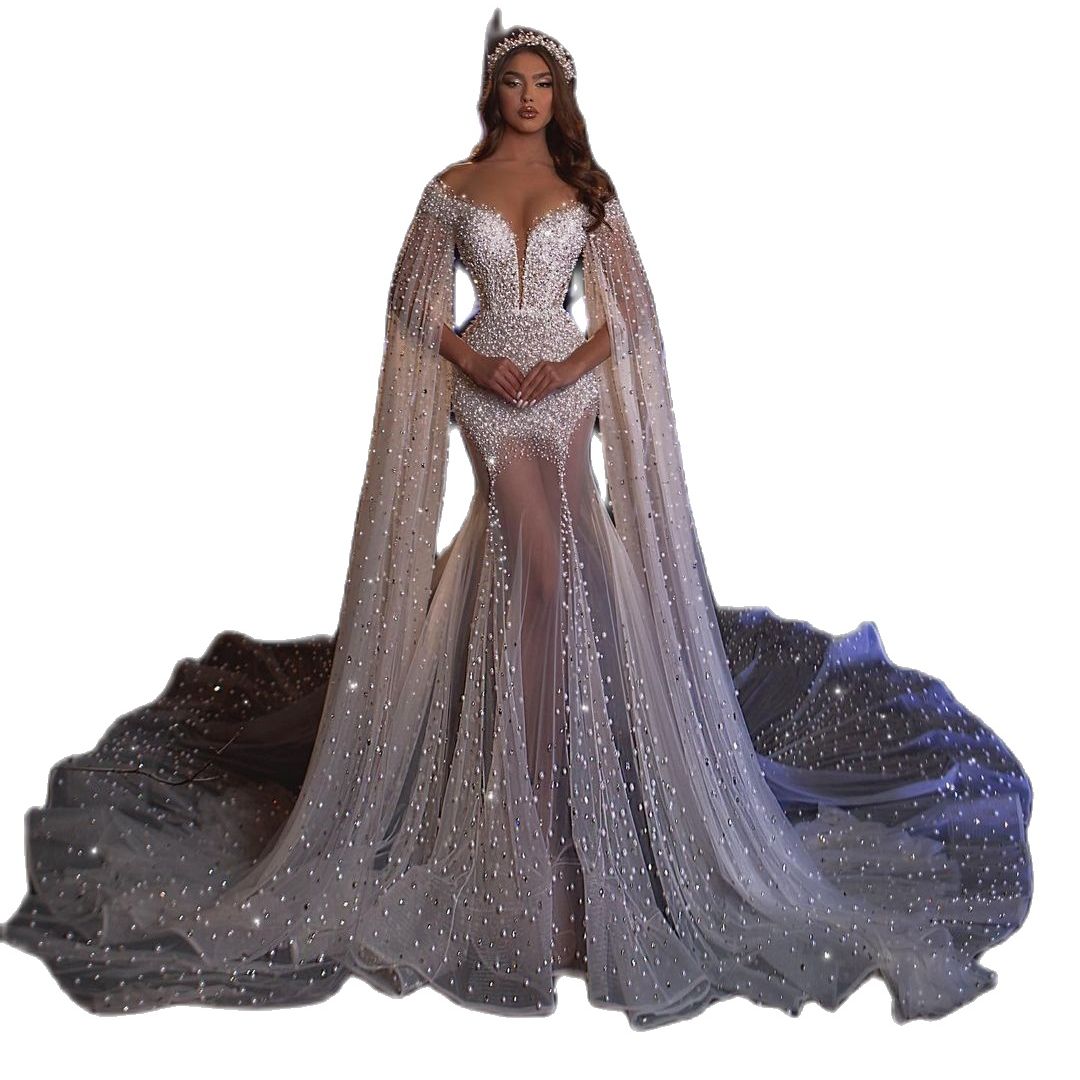 Full Beading Mermaid Wedding Dresses Illusion Off Shoulder Long Sleeve Bride Dress Backless Pearls Beads Bridal Gowns