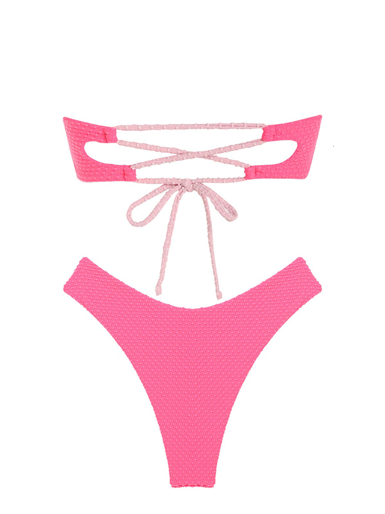 Women's Swimwear ired Ruffle Ribbed High Cut Bikini Strapless Lace Up Removable Padded Women Bathing Suit 230327