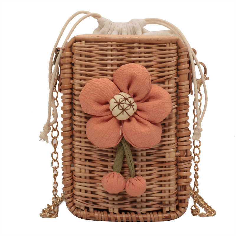 Beach Bags Summer Woven 2023 Sen Girls Fashion Splice Small Flower Westernized Ins One Shoulder Chain 230327