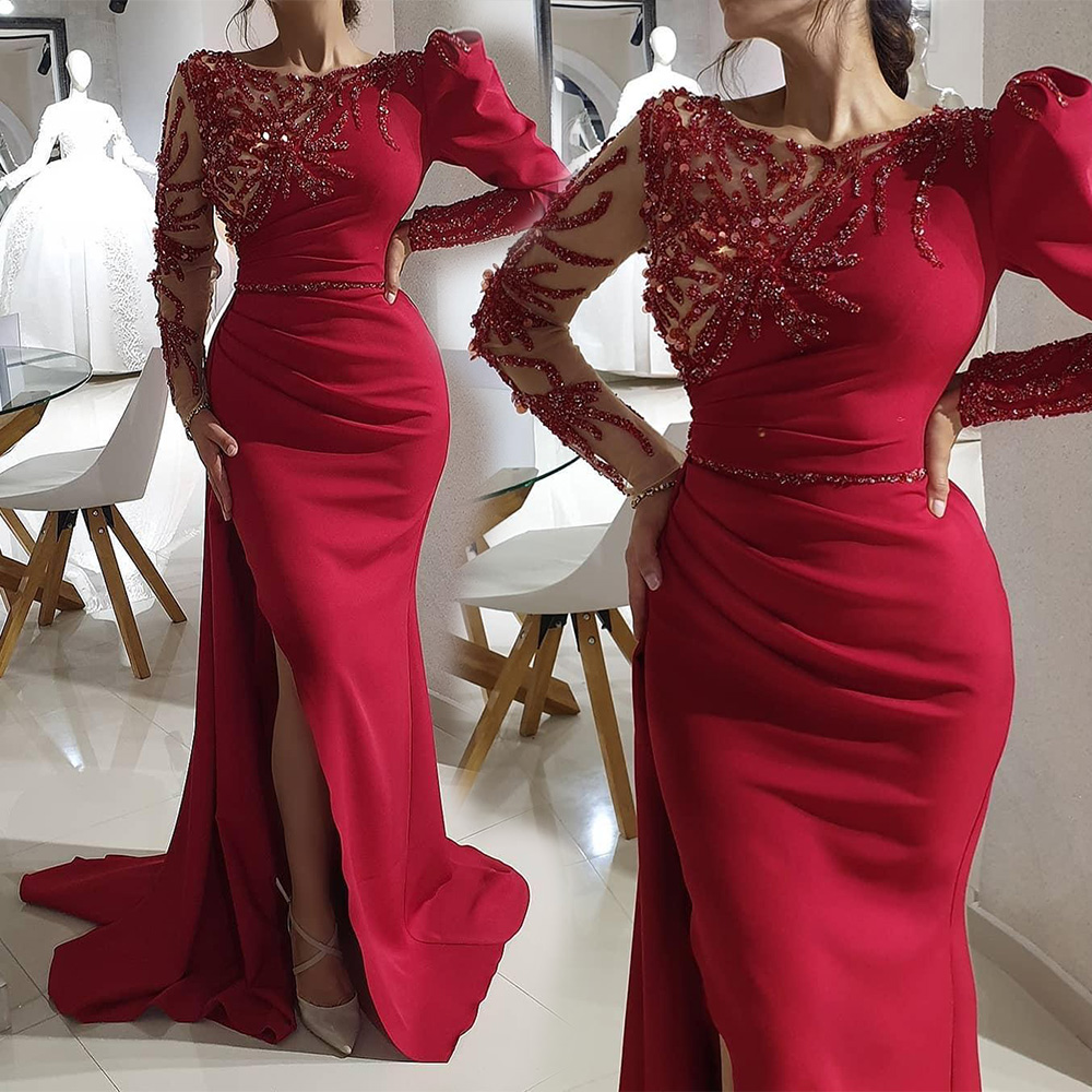 Prom Party Gown Mermaid Evening Dresses Bateau Long Sleeve Floor-Length Sweep Train Beaded Crystal Applique Satin Red long Split Illusion