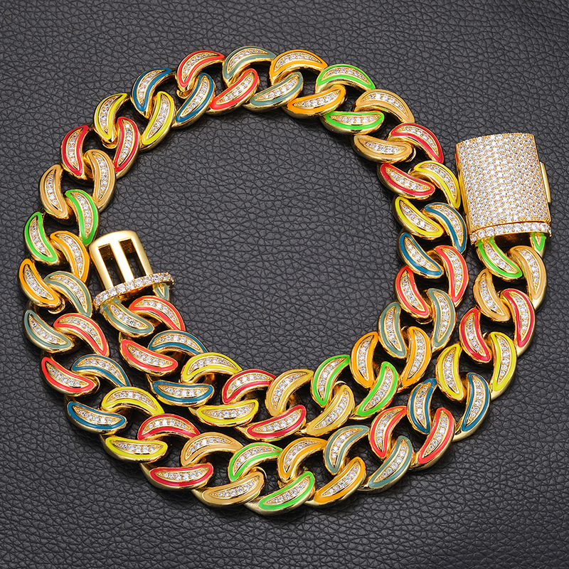 18mm Hip Hop Luminous Cuban Chain Necklace Bracelet Jewelry Set Colorful 18K Real Gold Plated for Men