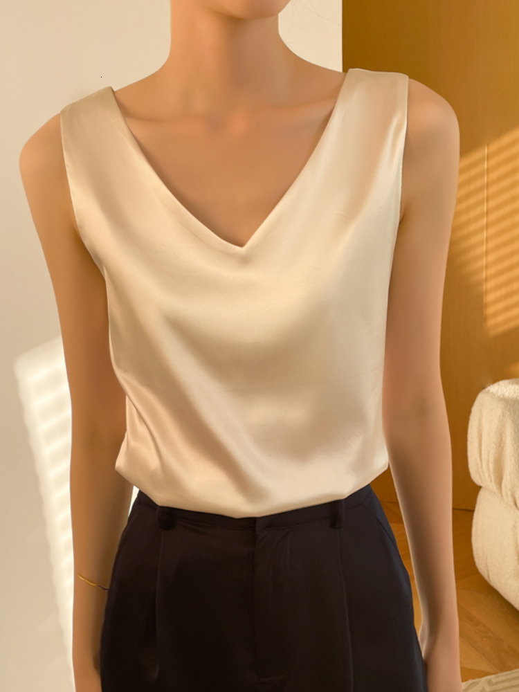 Camisoles Tanks Summer Women's Blouses Chiffon V Neck T-shirts Sleeveless Beautiful Satin Camis Office Lady Elegant Solid Silk Blouse Women 23032