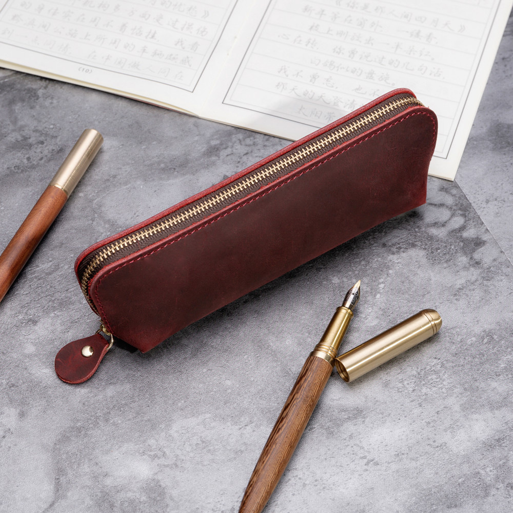 Pencil Bags Leather Retro Pen Storage Bag Handmade Gift Student Zipper Stationery Pencil Case Holder Unisex Portable Concise Style Original 230327