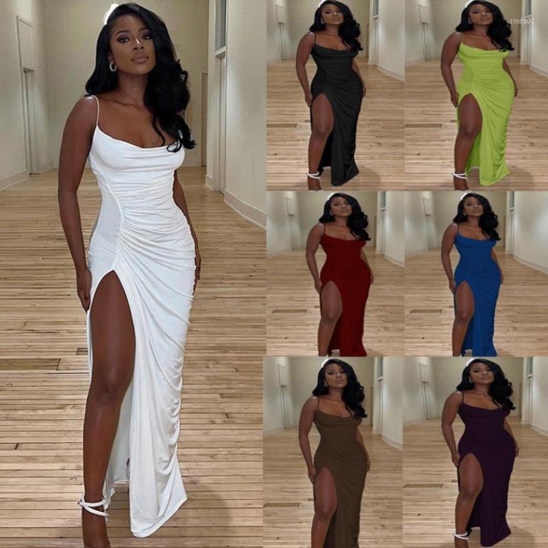 Party Dresses Long Club Dress Sexy Spaghetti Strap Sleeveless Maxi For Women Summer Draped Ruched High Slit