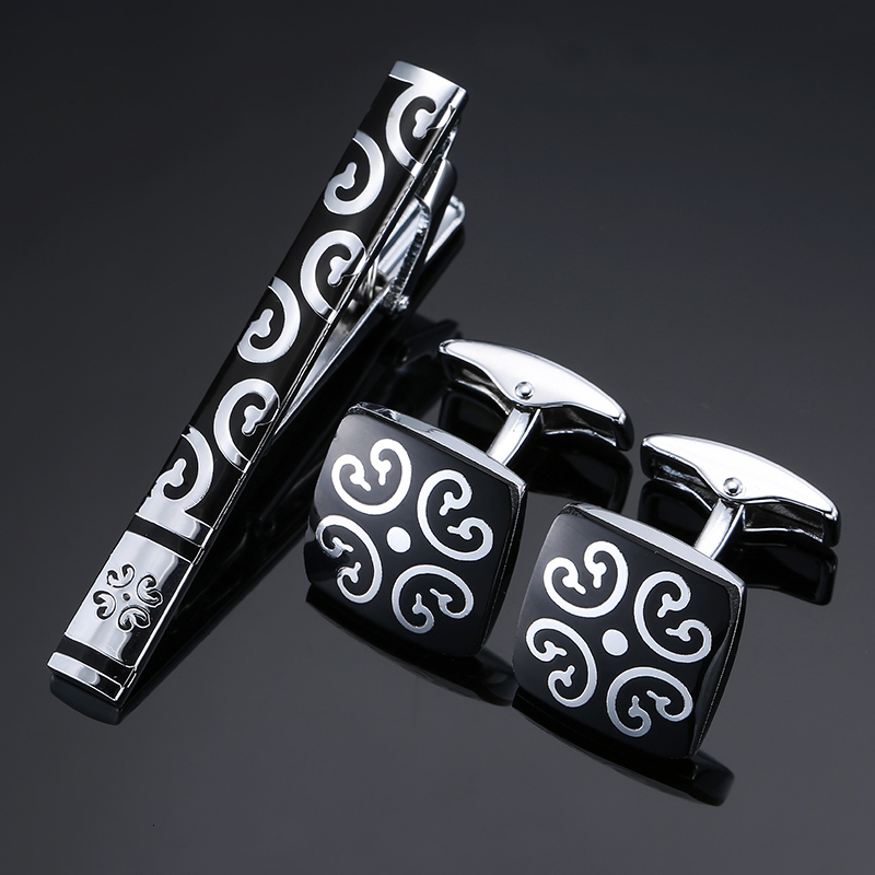 Cuff Links High Quality Cuff links necktie clip for tie pin for men's gift Classic pattern tie bars cufflinks tie clip set Men Jewelry 230325