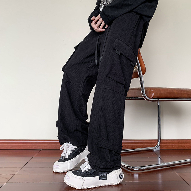 Men's Pants Autumn Winter Men's Parachute Cargo Pants Corduroy Casual Long Trousers Multi-pockets Military Fashion Oversize Pants Black 2303