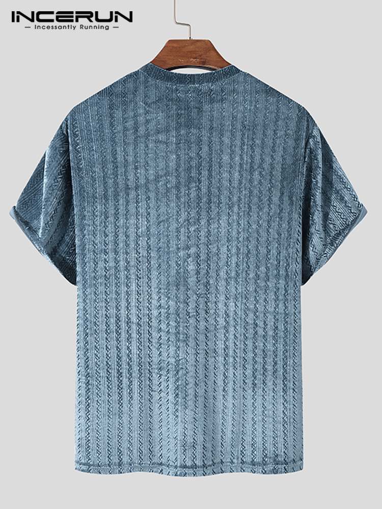 Men's T-Shirts INCERUN Men T Shirt Solid Color Round Neck Velour Folds Streetwear Short Sleeve Camisetas Fashion Casual Men Clothing 5XL 7 230327
