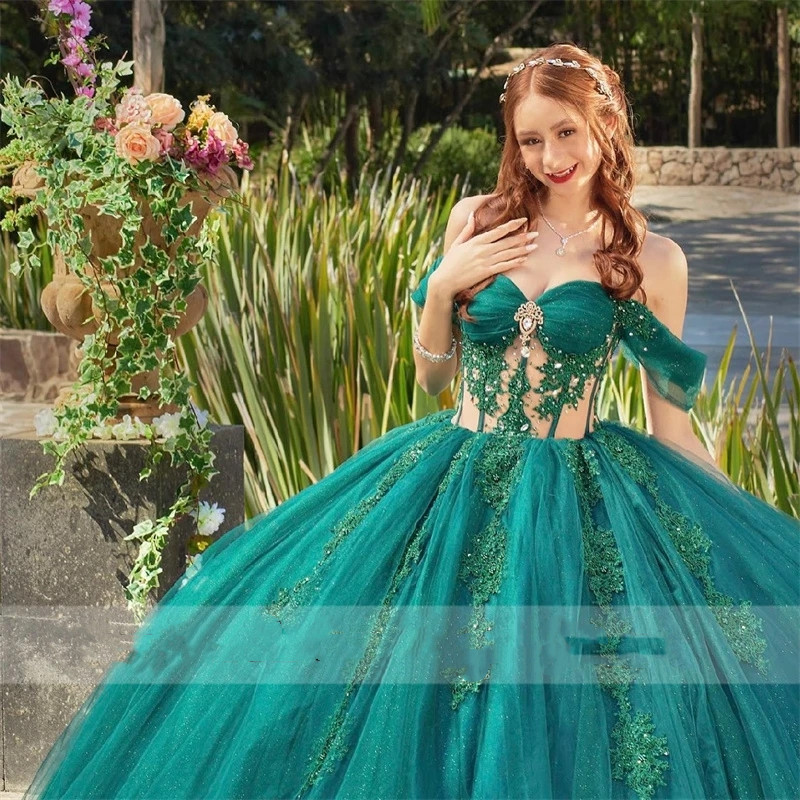 Ball Quinceanera Pink Gown Dresses Off Shoulder Beaded Lace Appliques Rhinestones Sweet Dress Vestidos De Anos