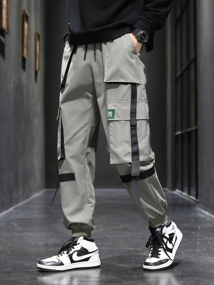 Men's Pants Spring Summer Multi-Pockets Ribbon Cargo Pants Men Hip Hop Streetwear Black Joggers Male Breathable Casual Pants 230327