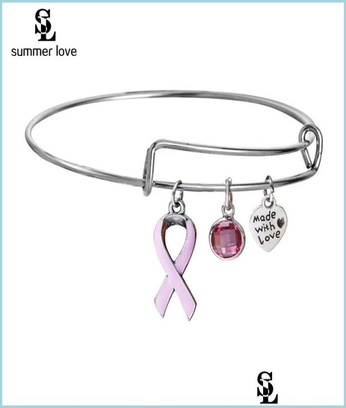 Bangle Breast Cancer Pink Ribbon Crystal Charm Wire Bangles Bracelet Hand Made With Love Bracelets Adjustable Jewelry Gift Bdejewe