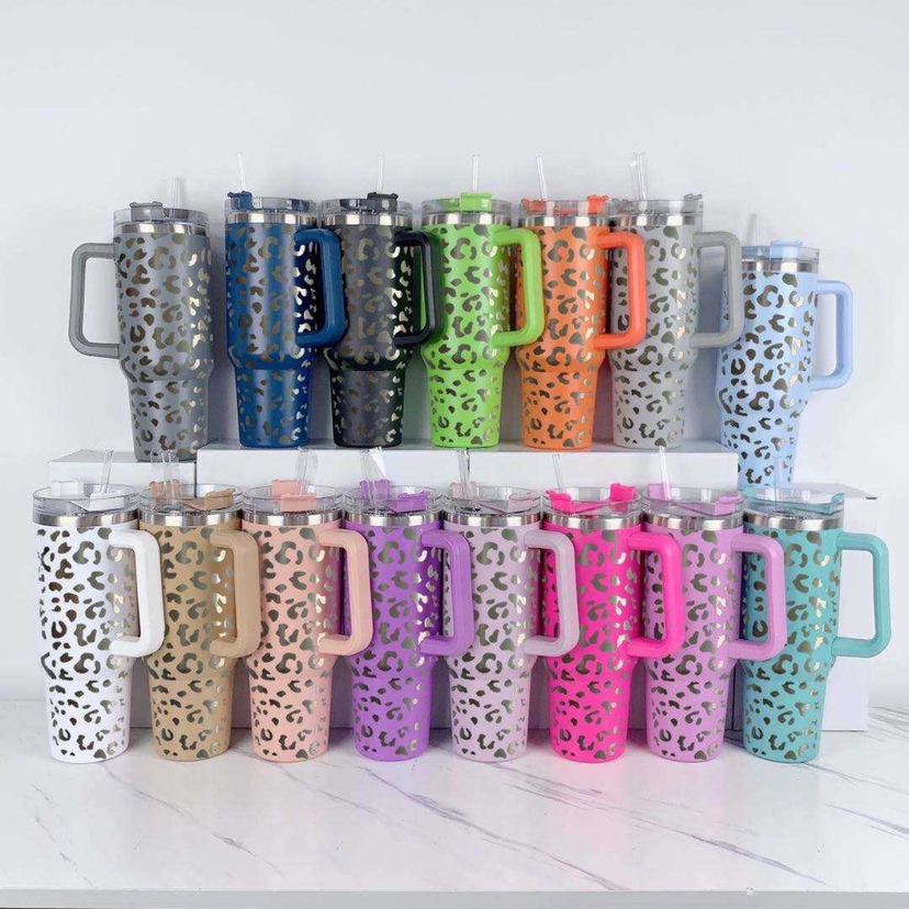 2023 stanley quencher 40oz tumbler Leopard Print stainless steel with Logo handle lid straw big capacity beer mug water bottle powder coating outdoor camping cups