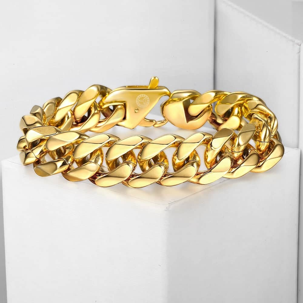 Charm Bracelets 316L Stainless Steel Cuban Curb Bracelet for Men Boy 15mm Heavy Chain Link Bracelet Gold Color Drop Jewelry 79 HB506 230325