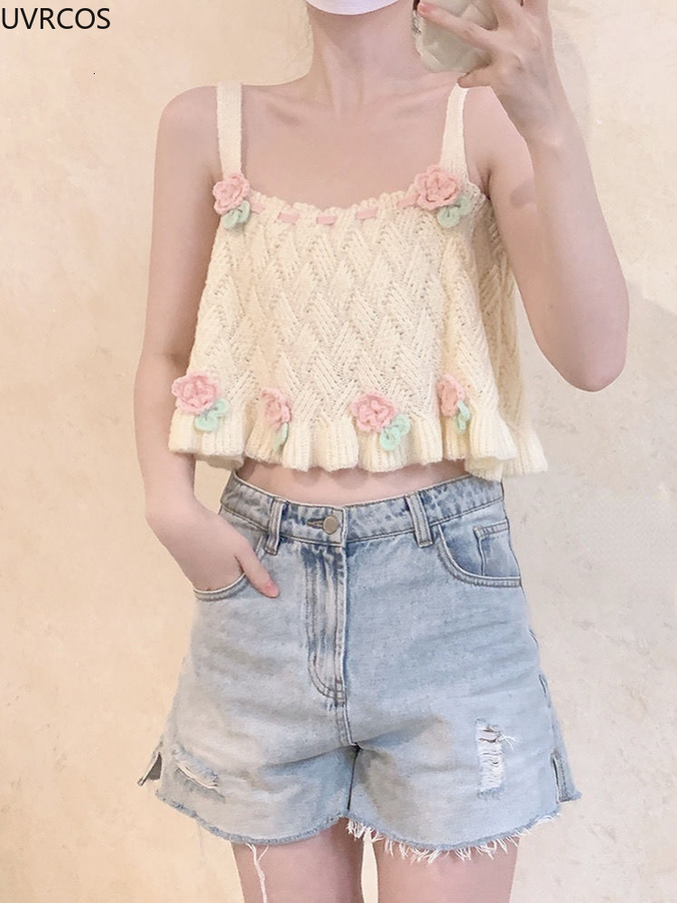 Camisoles Tanks Japanese Kawaii Chic Tank Top Women Sweet Flower Embroidery Cute Knitted Tanks Lady Preppy Style Casual Sweater Vest Summer 230327