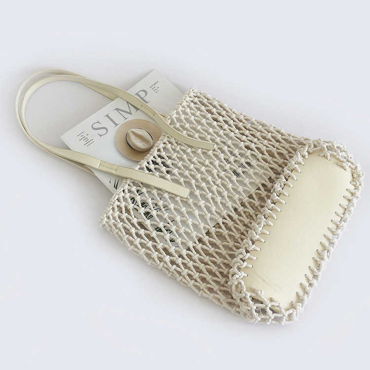 CMM Beach Bags 2023 Summer Hollow Rectangular Pu Hand Cotton Rope Handwoven Series Holiday Straw Woven Net Women s Big 230327