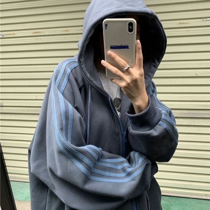 Womens Hoodies Sweatshirts HOUZHOU Vintage Oversized Casual Zip Up Harajuku Streetwear Women Striped Sweatshirt Winter Fleece Clothes for Teenagers 23