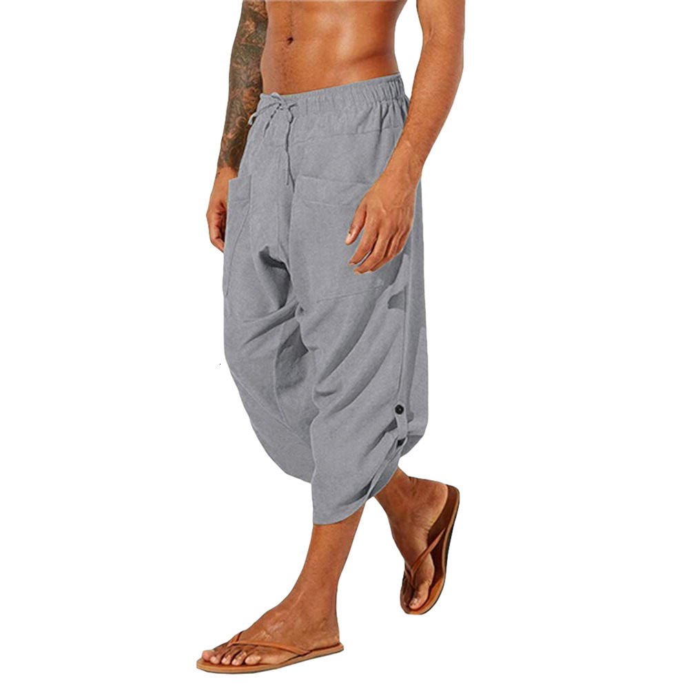 Men's Pants Men Harem Pants Vintage Cotton Linen Elastic Waist Wide Leg Trousers Female Casual Solid Pockets Loose Cropped Pants 230327