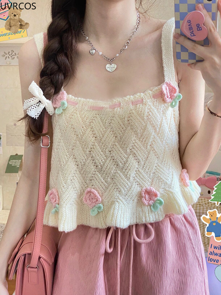Camisoles Tanks Japanese Kawaii Chic Tank Top Women Sweet Flower Embroidery Cute Knitted Tanks Lady Preppy Style Casual Sweater Vest Summer 230327