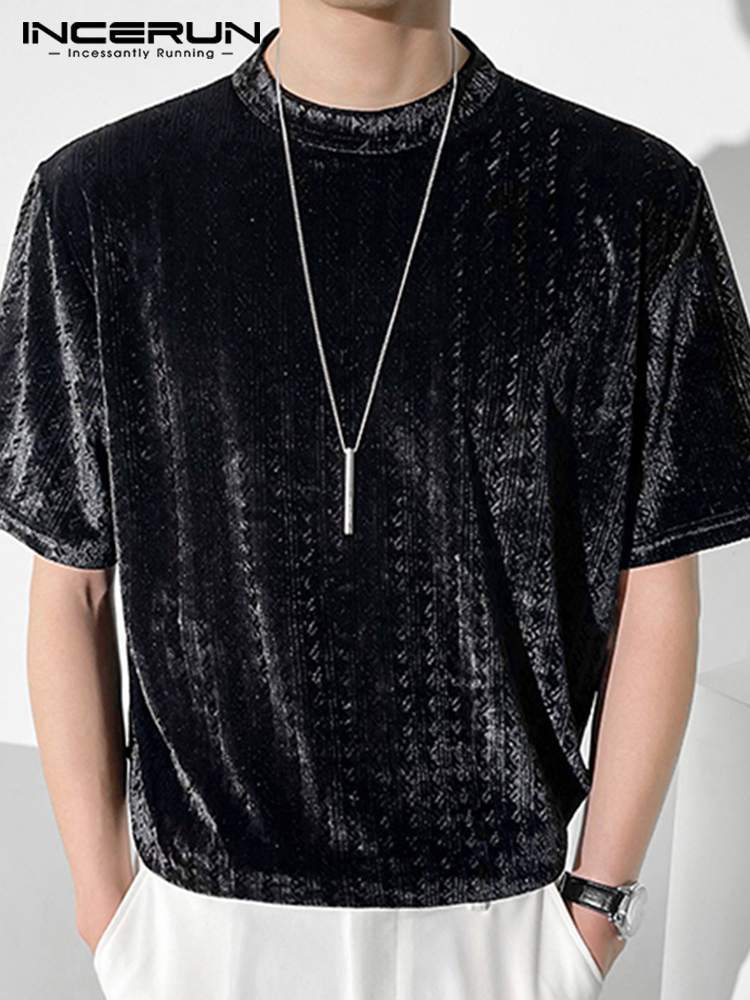 Men's T-Shirts INCERUN Men T Shirt Solid Color Round Neck Velour Folds Streetwear Short Sleeve Camisetas Fashion Casual Men Clothing 5XL 7 230327