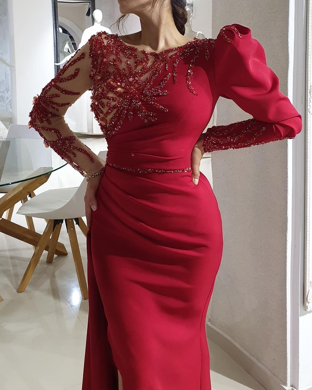 Prom Party Gown Mermaid Evening Dresses Bateau Long Sleeve Floor-Length Sweep Train Beaded Crystal Applique Satin Red long Split Illusion