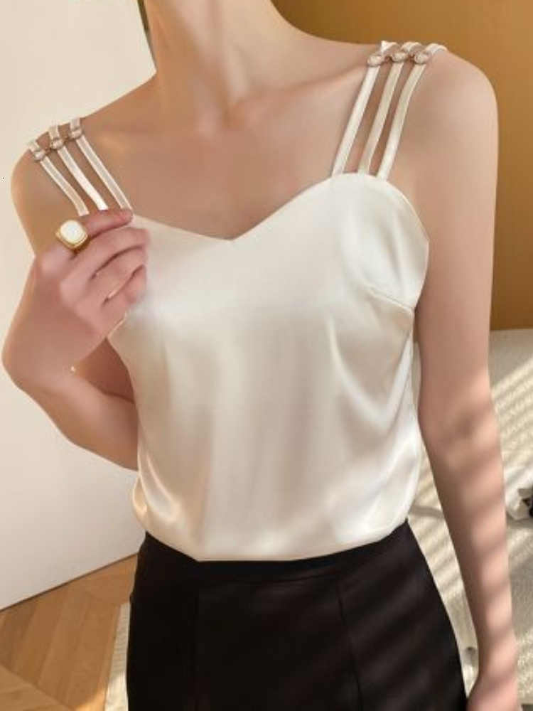 Camisoles Tanks Silk Off Shoulder Tops for Women Tank Top Women Spaghetti Thin Shoulder Strap Fashion Sexy White SATIN Vest Elegant Loose Camis 230327