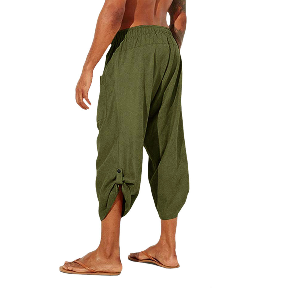 Men's Pants Men Harem Pants Vintage Cotton Linen Elastic Waist Wide Leg Trousers Female Casual Solid Pockets Loose Cropped Pants 230327