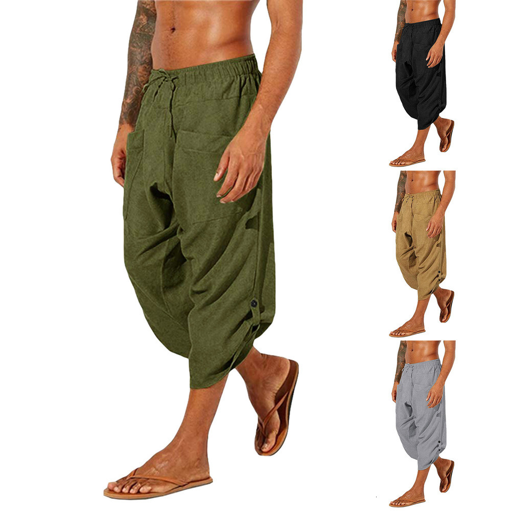 Men's Pants Men Harem Pants Vintage Cotton Linen Elastic Waist Wide Leg Trousers Female Casual Solid Pockets Loose Cropped Pants 230327