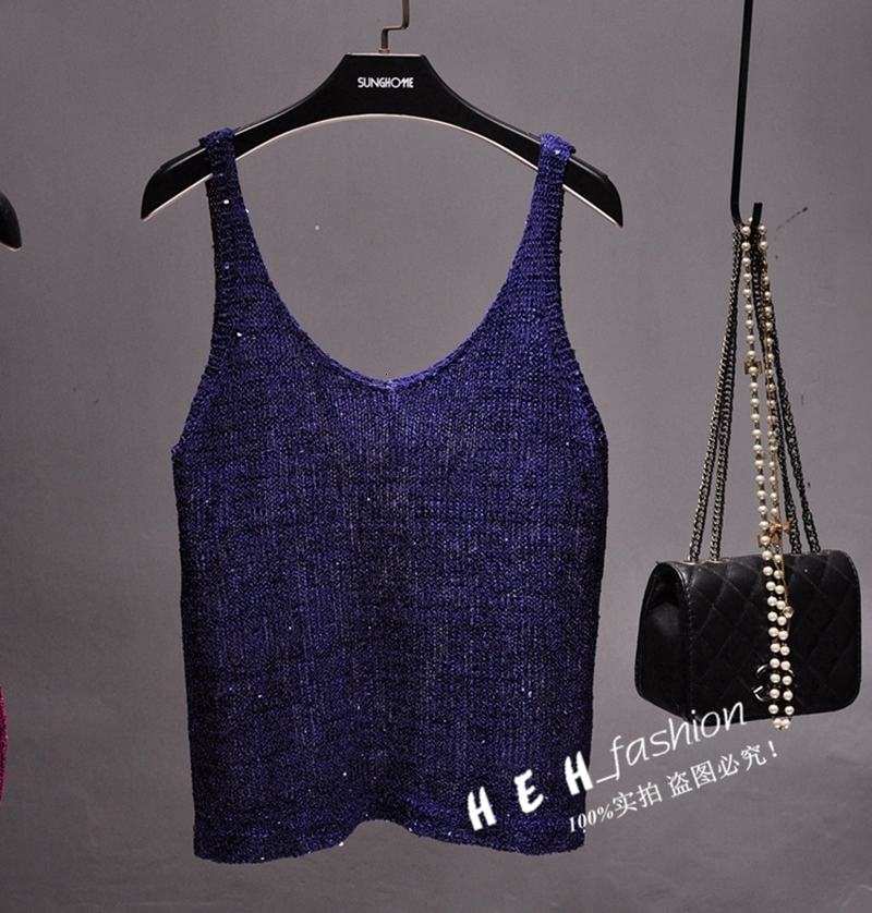 Camisoles Tanks Spring and Summer of The V-neck Condole Belt Knit Sequined Vest Outside The Joker Sleeveless T-shirt Top Coatt 230327