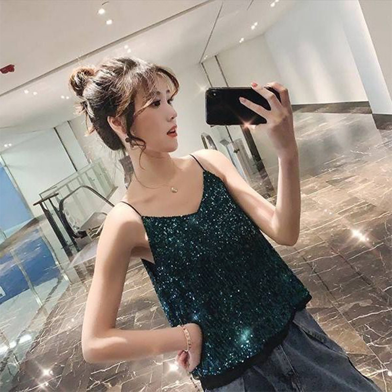 Camisoles Tanks Summer Fashion V-neck Sexy Solid Sequins Wild Slip Vest Women Streetwear Girls Short Loose Bottoming Tank Top Clubwear 230327