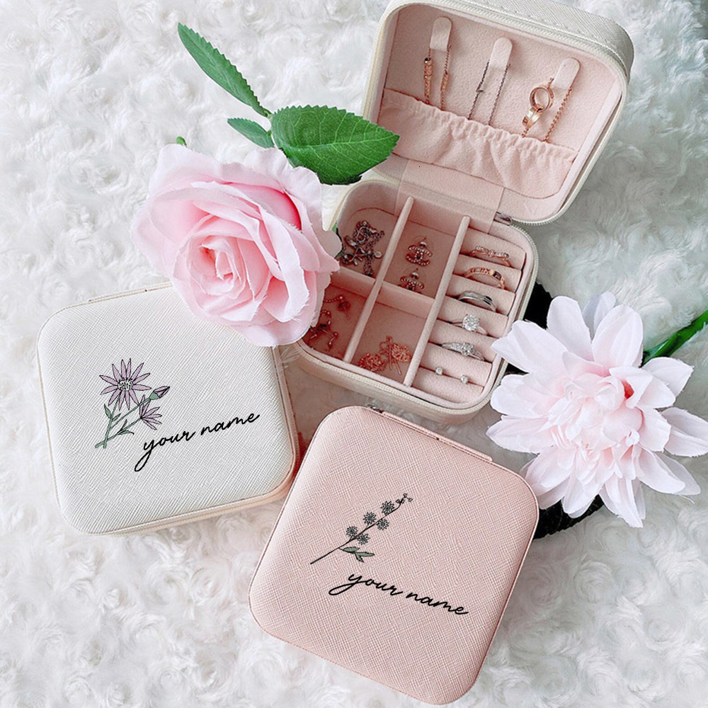 Jewelry Boxes Personalised Birth Flower Jewellery Box Birth Month Flower Jewellery Storage Girls Jewellery Case with Name Bridal Party Gifts 230325