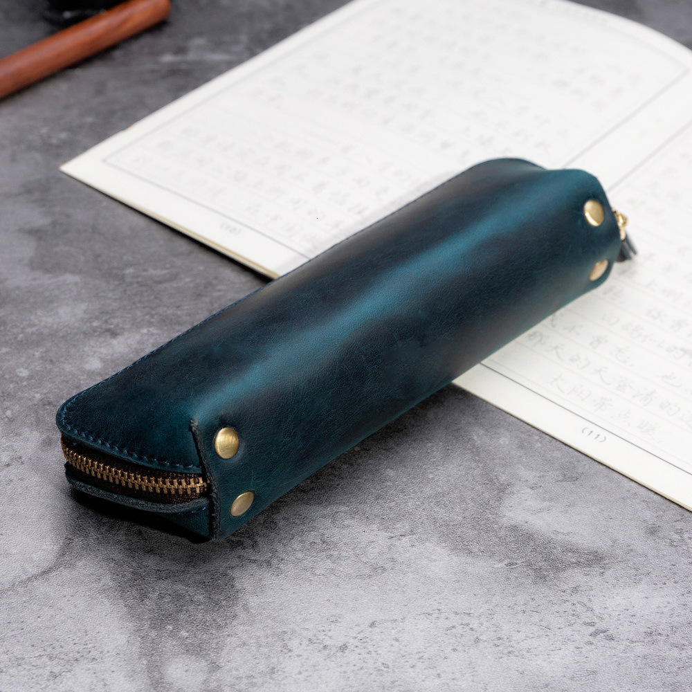 Pencil Bags Leather Retro Pen Storage Bag Handmade Gift Student Zipper Stationery Pencil Case Holder Unisex Portable Concise Style Original 230327