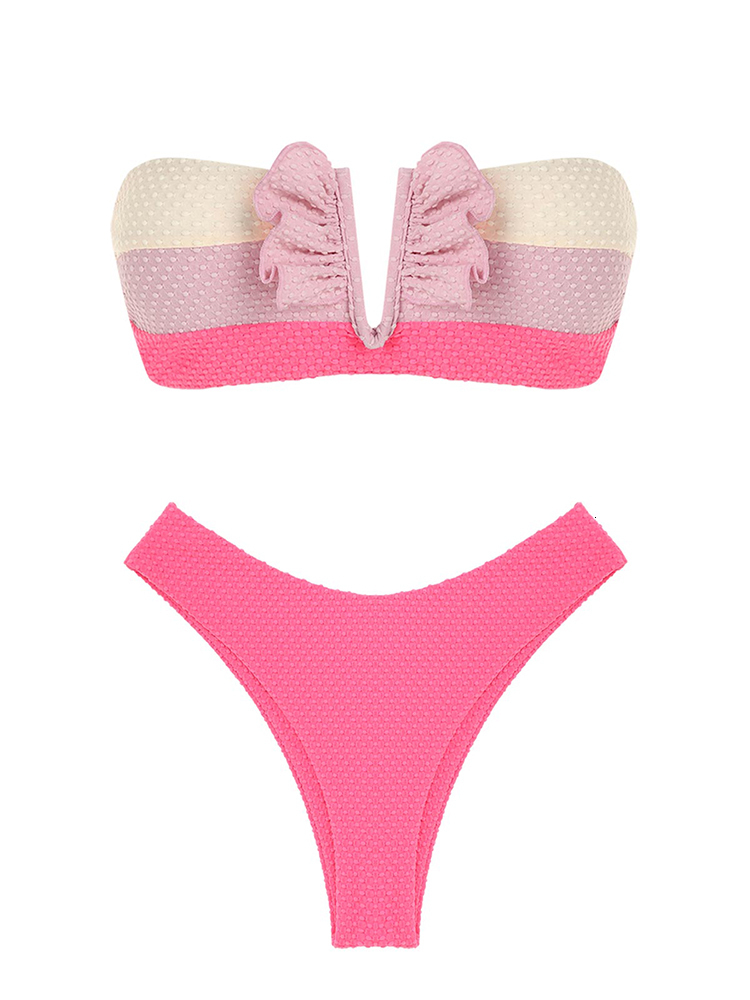 Women's Swimwear ired Ruffle Ribbed High Cut Bikini Strapless Lace Up Removable Padded Women Bathing Suit 230327